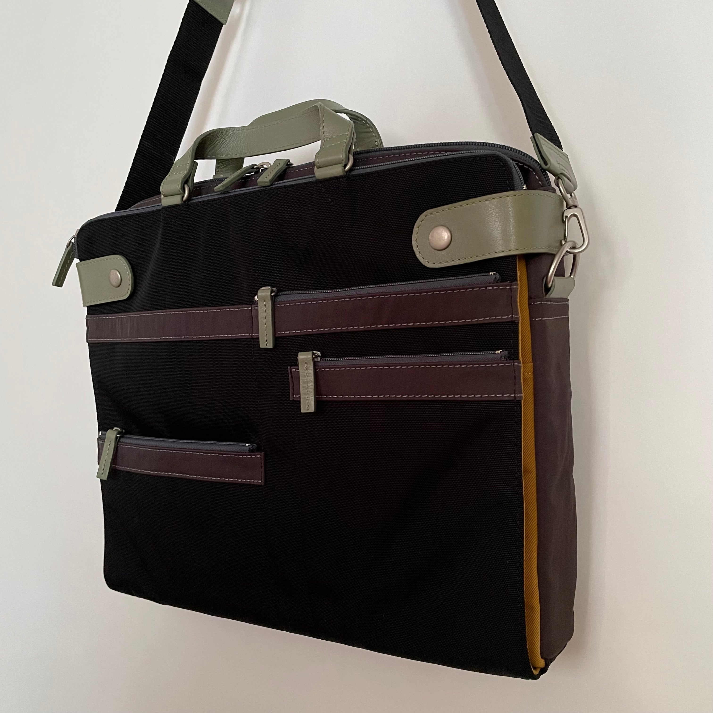 Premium Collection | Nylon x Leather Briefcase with Stripe Stitch Accents | Black x Sage